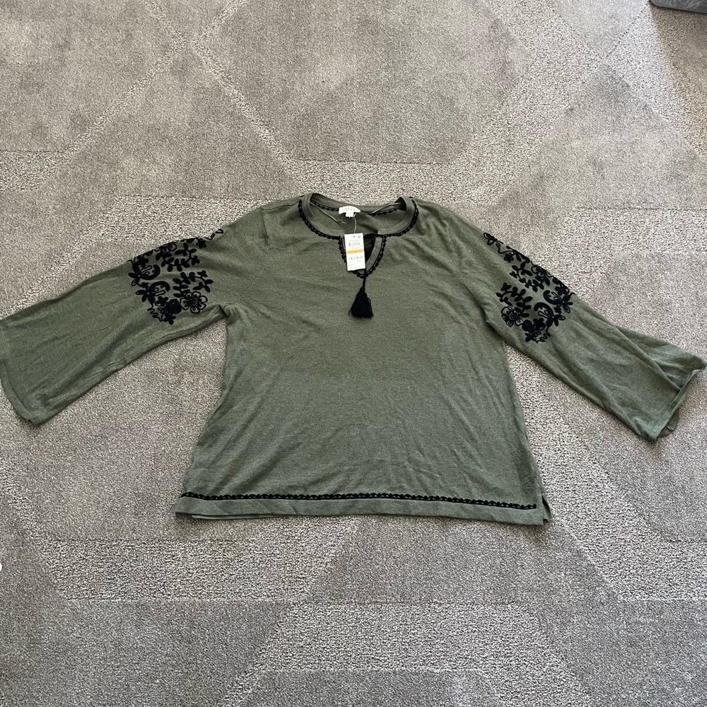 NWT Style & Co. “Boho Remix” Olive Green Sweater With Black Embroidery